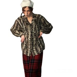 Dressbarn Vintage 3XL Boxcut Silk Leopard Print Long Sleeve Button Down 90/00’s